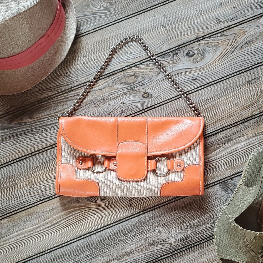 Merona Orange and Cream Raffia Clutch with Chain Strap